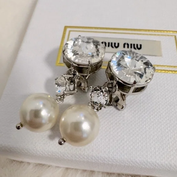 Miu Miu Crystal and Pearl Drop Clip on Earrings - Picture 3 of 7